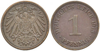 ГЕРМАНИЯ 1 ПФЕННИГ 1913 А KM 10, J.10 медь 4532-525
