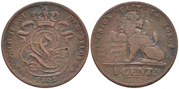 БЕЛЬГИЯ 1 САНТИМ 1902 BELGES KM 33.1 медь 116-718