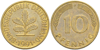 ФРГ 10 ПФЕННИГОВ 1991 F KM 108, J. 383 сталь плакированная латунью 217-511