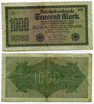 ГЕРМАНИЯ 1000 МАРОК 1922 15 СЕНТЯБРЯ 1922, ВОДЯНОЙ ЗНАК К, ЗЕЛЁНАЯ БУМАГА Pick 76h бумага 7203-13-2