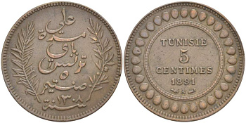 Тунис 5 сантимов 1891 AH 1308, Али III ибн аль-Хусейн KM 221 бронза 4523-737
