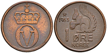 Норвегия 1 эре 1963 БЕЛКА, Улаф V KM 403 бронза 4564-818