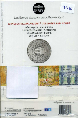 Франция 10 евро 2014 карикатуры Жан-Жака Сампе, зима-свобода, человек в шарфе на велосипеде, в оригинальном буклете KM NEW серебро UNC 1-4-3-05