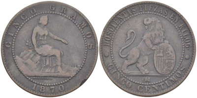 Испания 5 сентимо 1870 ОМ, лев со щитом KM 662 (Y53) медь 111-934