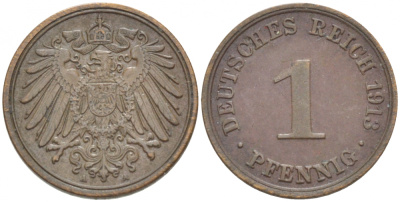 ГЕРМАНИЯ 1 ПФЕННИГ 1913 А KM 10, J.10 медь 4532-525