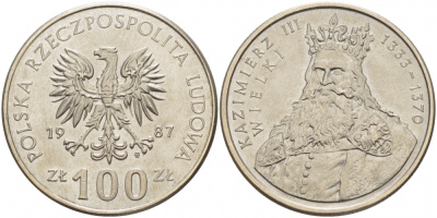 Польша 100 злотых 1987 MW, серия Польские короли, король Казимир III Великий (1333-1370) KM 167 медно-никель 3996-115