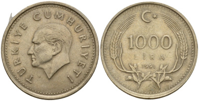 Турция 1000 лир 1991 Кемаль Ататюрк KM 997 медь цинк никель 4601-712