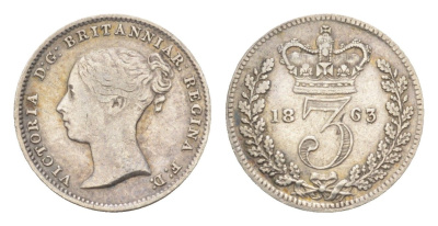 Великобритания 3 пенса 1863 Виктория (1837-1901) KM 730, Spink 3914 серебро 1526-441