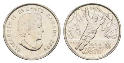 Канада 25 центов 2009 Победа мужской сборной по хоккею на олимпиаде Солт-Лейк-Сити 2002 KM 1063 сталь плакированная никелем UNC 4652-1145