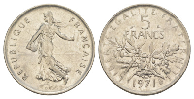 Франция 5 франков 1971 сеятель KM?926a.1, Le Franc 341.3 медно-никель плакированный никелем 4185-316