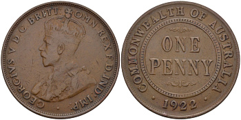 АВСТРАЛИЯ 1 ПЕННИ 1922 ГЕОРГ V KM 23 бронза 82-715
