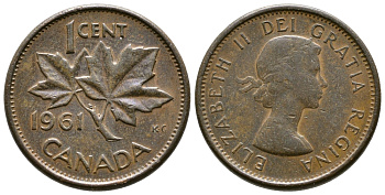 КАНАДА 1 ЦЕНТ 1961 КЛЕНОВЫЙ ЛИСТ, ЕЛИЗАВЕТА II KM 49 бронза 46-1314