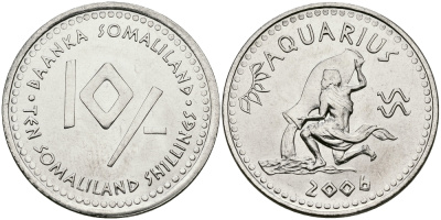 Сомалиленд 10 шиллингов 2006 СЕРИЯ ЗНАКИ ЗОДИАКА, ВОДОЛЕЙ KM NEW никелированная сталь UNC 540-833