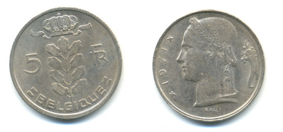 БЕЛЬГИЯ 5 ФРАНКОВ 1971 BELGIE KM 135.1 медно-никель 86-1346