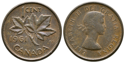 КАНАДА 1 ЦЕНТ 1961 КЛЕНОВЫЙ ЛИСТ, ЕЛИЗАВЕТА II KM 49 бронза 46-1314