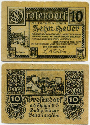 ДРОСЕНДОРФ, АВСТРИЯ 10 ГЕЛЛЕРОВ 1920 НОТГЕЛЬД бумага 445-48-1-2