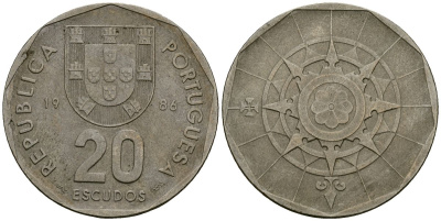 Португалия 20 эскудо 1986 KM 634 медно-никель 4120-1014