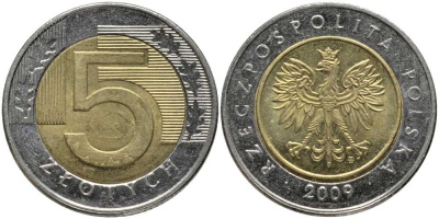 Польша 5 злотых 2009 MW KM 284 биметалл 93-613