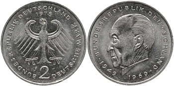 ФРГ 2 МАРКИ 1978 J, КОНРАД АДЕНАУЭР KM 124, J. 406 медно-никель плакированный никелем 109-941