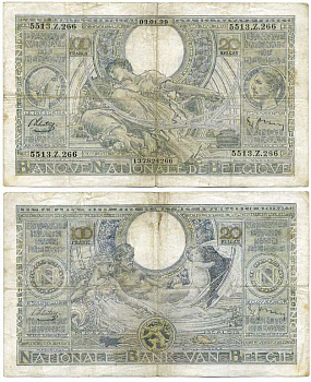 БЕЛЬГИЯ 100 ФРАНКОВ - 20 БЕЛГА 1939 3 ЯНВАРЯ 1939 Pick 107 бумага 6262-52-3-2