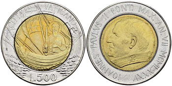 ВАТИКАН 500 ЛИР 1985 ГОД VII, ИОАНН ПАВЕЛ II (1978-2005), СВЯТОЙ ПАВЕЛ НА БОРТУ РЫБАЦКОЙ ЛОДКИ KM 190 биметалл UNC 4519-332