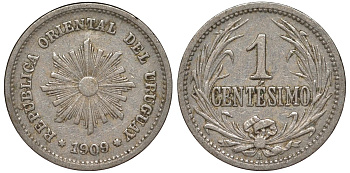 Уругвай 1 сентесимо 1909 KM 19 медно-никель 4169-617