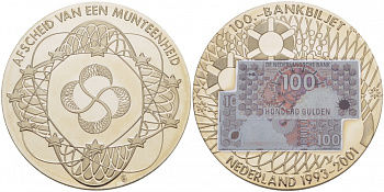 НИДЕРЛАНДЫ МЕДАЛЬ 2001 БАНКНОТА 100 ГУЛЬДЕНОВ, ЭМИССИЯ (1993-2001), СЕРЕБРЕНИЕ, ЦВЕТНАЯ ЭМАЛЬ медно-никель PROOF 01-237-21