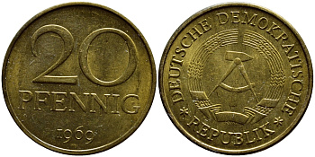 ГДР 20 пфеннигов 1969 А, первый год KM 11 латунь UNC 4397-417