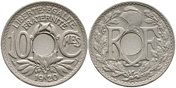 ФРАНЦИЯ 10 САНТИМОВ 1920 ТИП ЛИНДАЙЁ KM 866а медно-никель UNC 4388-836