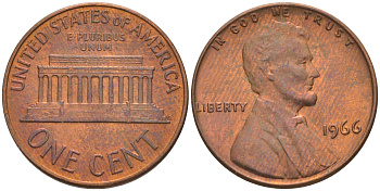 США 1 ЦЕНТ 1966 ЛИНКОЛЬН KM 201 медь цинк UNC 187-1152