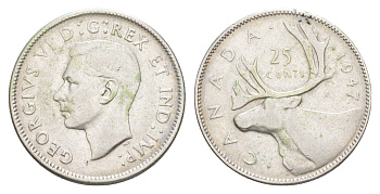 Канада 25 центов 1947 Георг V (1910-1936), олень KM 35 серебро 73-1325