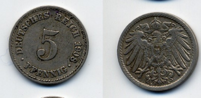 Германия 5 пфеннигов 1908 A KM 11, Jager 12, Weege 6 медно-никель 84-1669