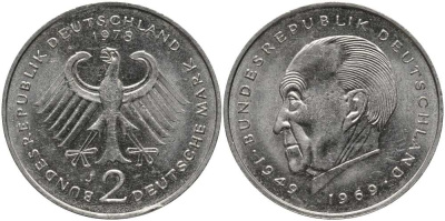 ФРГ 2 МАРКИ 1978 J, КОНРАД АДЕНАУЭР KM 124, J. 406 медно-никель плакированный никелем 109-941