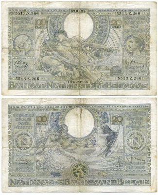 БЕЛЬГИЯ 100 ФРАНКОВ - 20 БЕЛГА 1939 3 ЯНВАРЯ 1939 Pick 107 бумага 6262-52-3-2