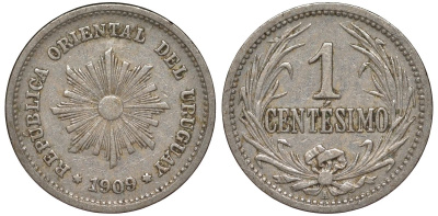 Уругвай 1 сентесимо 1909 KM 19 медно-никель 4169-617