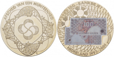 Нидерланды медаль 2001 банкнота 100 гульденов, эмиссия (1993-2001), серебрение, цветная эмаль  медно-никель  PROOF  1078-7-64