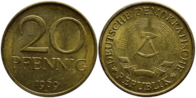 ГДР 20 пфеннигов 1969 А, первый год KM 11 латунь UNC 4397-417
