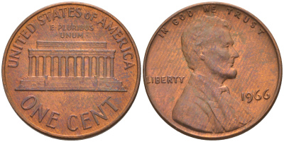 США 1 ЦЕНТ 1966 ЛИНКОЛЬН KM 201 медь цинк UNC 187-1152