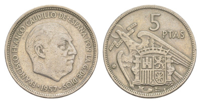 Испания 5 песет 1957 (67) Франциско Франко (1939-1975) KM 786 медно-никель 4650-113