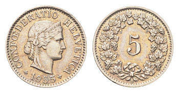 Швейцария 5 раппенов 1955 B KM 26 медно-никель 4705-1248