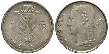 БЕЛЬГИЯ 1 ФРАНК 1980 BELGIE KM 143.1 медно-никель 4182-231