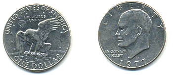США 1 доллар 1977 D, Президент Эйзенхауэр, лунный орел KM A203 медь плакированная медно-никелем 93-814