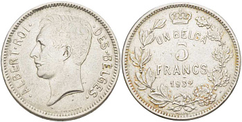 БЕЛЬГИЯ 5 ФРАНКОВ 1932 DES BELGES, UN BELGA KM 97.1 никель 215-444