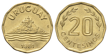 Уругвай 20 сентесимо 1981 KM 67 алюминиевая бронза UNC 4666-1257