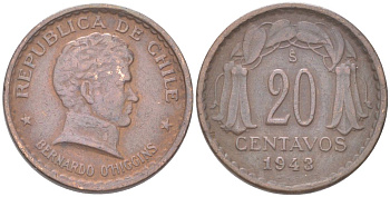 Чили 20 сентаво 1943 S KM 177 медь 4620-1126