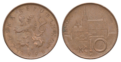 Чехия 10 крон 1996 чешский лев, кафедральный собор Брно KM 4 сталь плакированная медью 4673-937