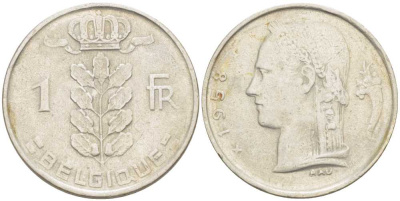 БЕЛЬГИЯ 1 ФРАНК 1958 BELGIQUE, БОДУЭН I (1951-1993) KM 142.1 медно-никель 213-511