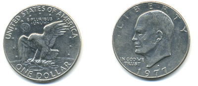 США 1 доллар 1977 D, Президент Эйзенхауэр, лунный орел KM A203 медь плакированная медно-никелем 93-814