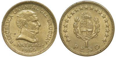 Уругвай 1 песо 1965 KM 46 алюминиевая бронза 92-511
