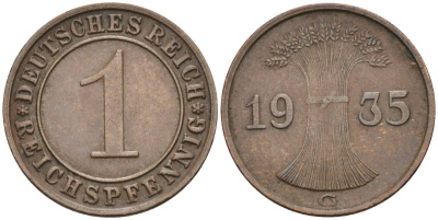 Германия 1 рейхспфенниг 1935 G, Веймарская республика KM 37 бронза 4547-654